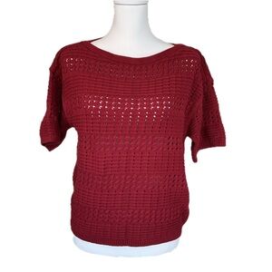 Talbots Open-Weave Crew Neck Short Sleeve Cotton Sweater in Maroon Wine NWT